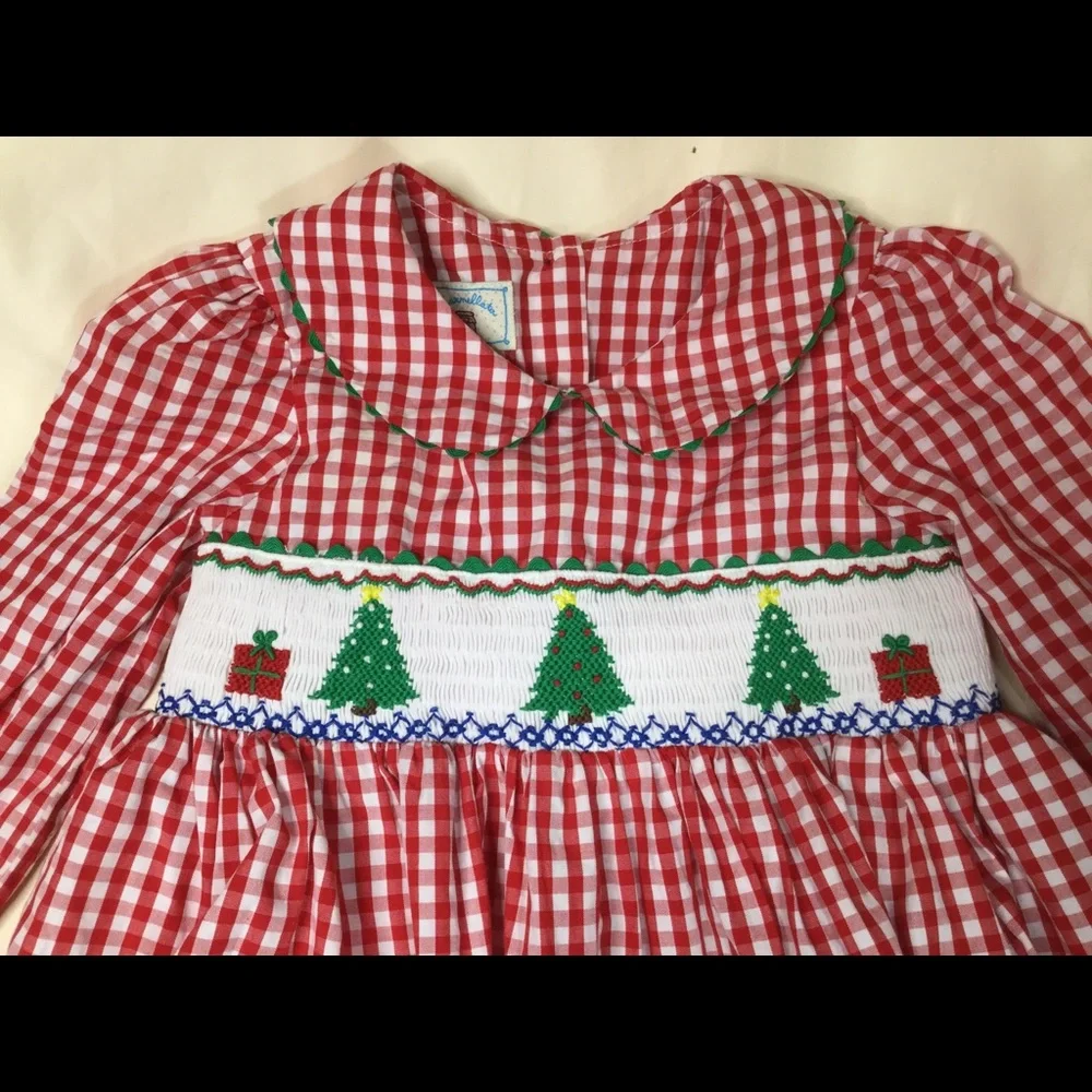 Marmellata Red Check Christmas Tree Smocked Dress